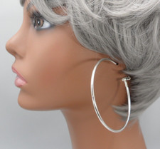 Large Silver Tone Hoop Earrings Classic Round Wire Omega Back Hoops Vintage 2.5"