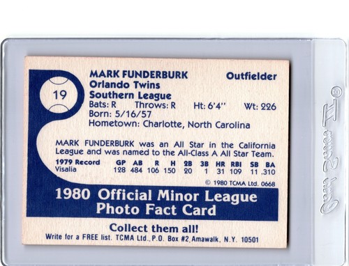 1980 TCMA Orlando TWINS #19 MARK FUNDERBURK Charlotte NORTH CAROLINA - Picture 2 of 2