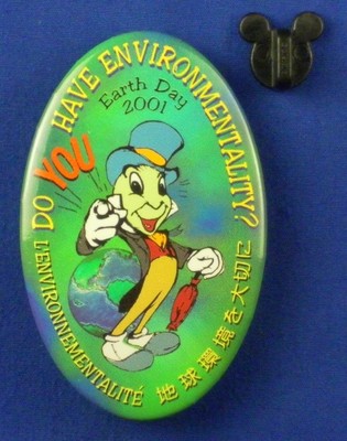 Jiminy Cricket Sketch Earth Day Environmentality 2001 Disney BUTTON # 13593