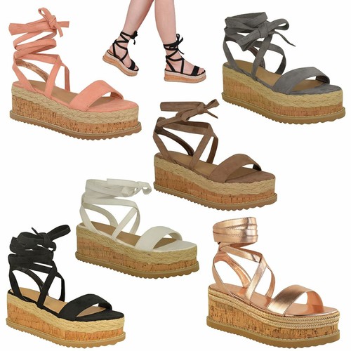 Donna Flatform Zeppa Espadrillas sughero sandali alla caviglia con lacci  Scarpe Misura | eBay