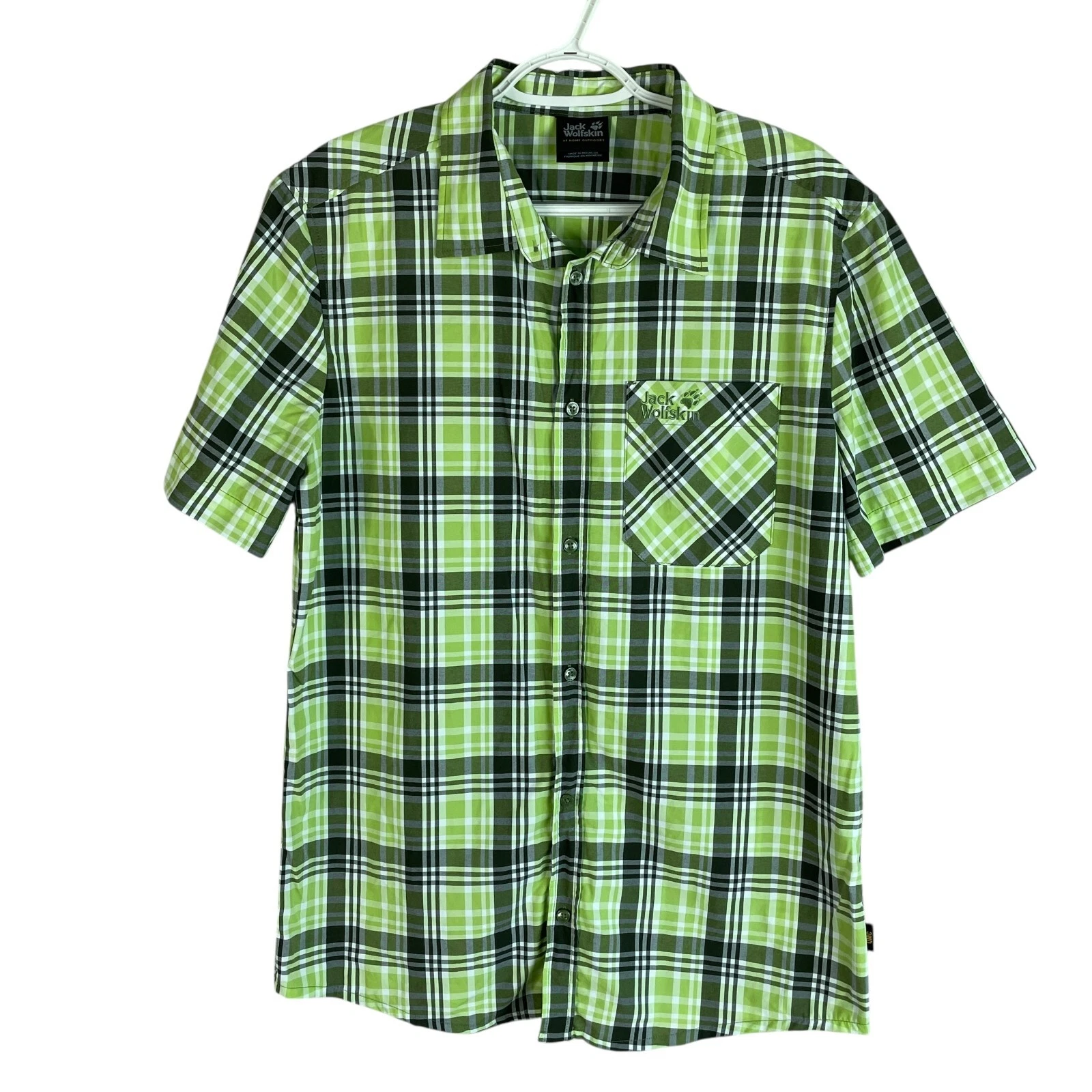 Jack Wolfskin Mens QMC Outdoor Hiking Shirt Medium Green Plaid S/S Polyamide