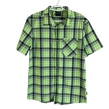 Jack Wolfskin Mens QMC Outdoor Hiking Shirt Medium Green Plaid S/S Polyamide