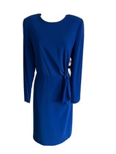 David Warren sheath dress royal blue long sleeve pad shoulders waist tie knee 8
