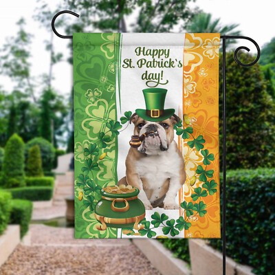 English Bulldog Happy St Patrick's Day Flag, Irish Lucky Shamrock Bulldog Flag