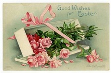 Vintage Postcard Good Wishes for Easter~Clapsaddle Box of Roses Series 51654