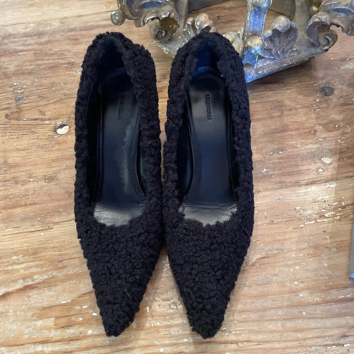 Balenciaga Square Knife Faux Fur Shearling Pumps Shoes Heels 37.5