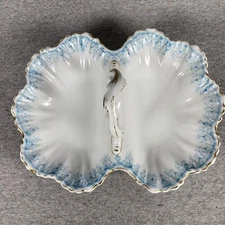 Antique KPM Germany Porcelain Candy Dish Divided Handle Gold Gilding Blue Edge