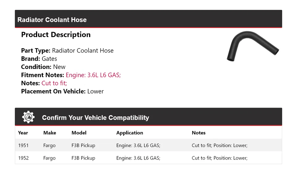 Manguera de refrigerante de radiador de gas puertas inferiores para camioneta Fargo F3B 1951-1952 3,6 L L6 Foto 2 de 4