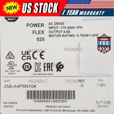 AB 25B-A4P8N104 PowerFlex 525 0.75KW 1HP AC Drive 25BA4P8N104 NEW US Free Tax