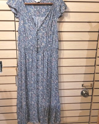Lucky Brand M Dress Blue Peasant Boho Floral Flowy 