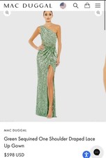 Mac Duggal Green Sequined One Shoulder Draped Lace Up Gown