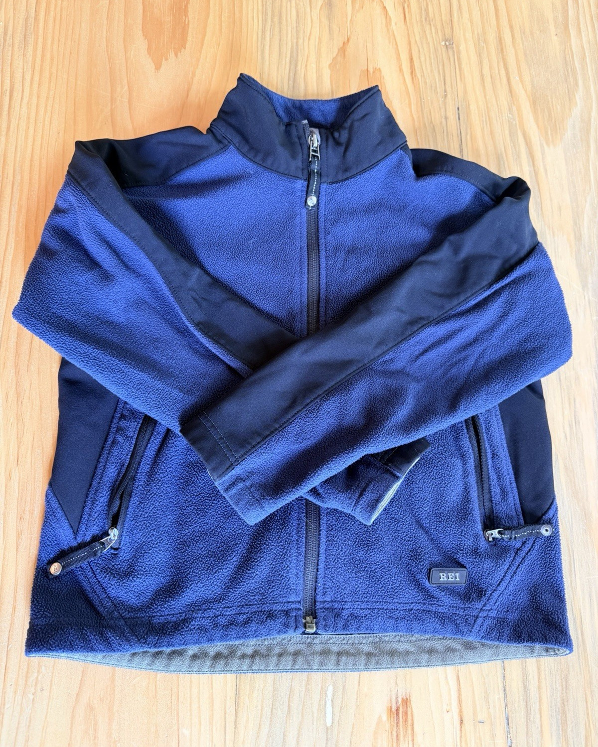 REI Unisex Kids M (8-10) Full Zip Fleece Jacket w/ Zipped Pockets Blue/Black