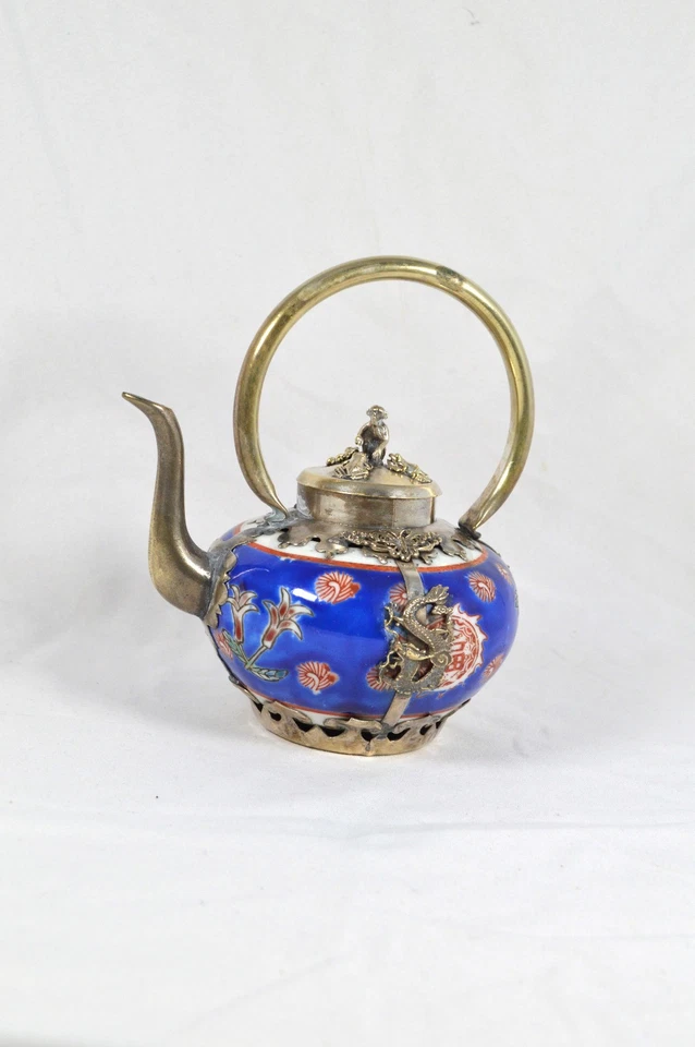 Antigua tetera de porcelana china firmada dragón de 5 dedos rana plateada con rana mono Foto 2 de 4