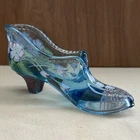 Fenton Glass Shoe Princess Slipper Blue Floral Hand Painted by E Lowe