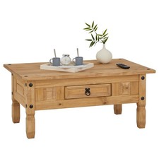 Table basse salon rectangulaire style mexicain 1 tiroir pin finition teinté/ciré