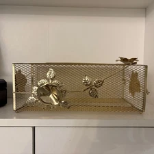 Vtg Hollywood Regency Gold Metal Mesh Tissue Box Cover Holder Floral Roses MCM 