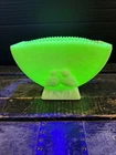 VTG Fenton Uranium Green Custard Glass Lovebirds Fan Planter Vase