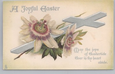 Raphael Tuck Easter Postcard Embossed Beaded Passion Flower Silver Cross Bavaria