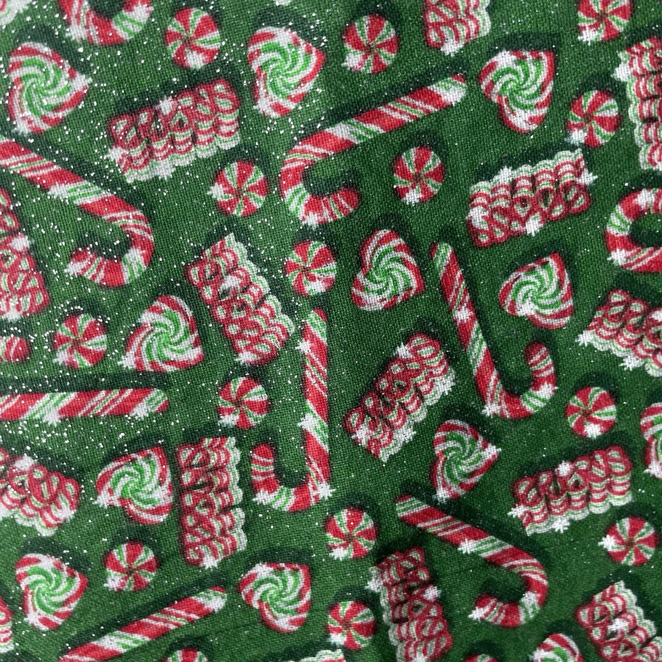 Glitter Candy Cane Christmas Fabric Green Peppermint Print 36x40 Cotton Holiday - Image 2 of 4