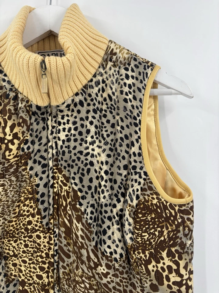 Chaleco Chaqueta Vintage Carlisle Mujer 8 Amarillo Marrón Estampado Animal 100% Seda Cremallera Foto 2 de 4