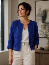 NEW Chico's Textured Open-Front Cardigan Jacket in Deep Carbon Blue 3/4 Sleeve L