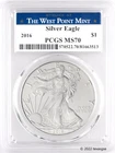 2016-W $1 American Silver Eagle PCGS MS70 - West Point Label