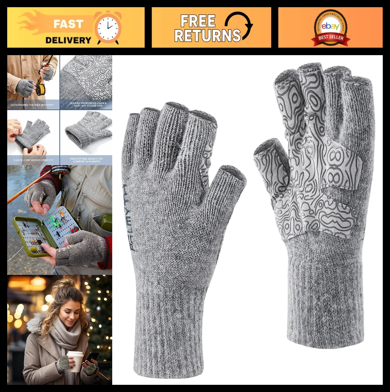 Wool Fingerless Fishing Gloves for Men & Women - Warm Cold Weather Gear for Fly