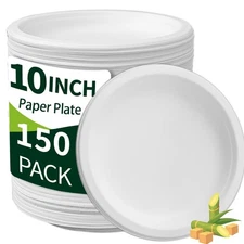 10 inch Paper Plates Round Heavy Duty, 150 Pack Count, Leak Proof, Microwave-...