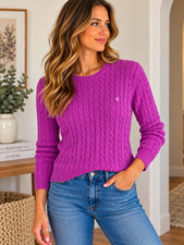 Lauren Ralph Lauren Women L Purple Cable Knit Sweater 100 Cotton RL Logo