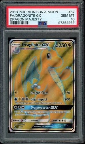 Pokemon PSA 10 Dragonite 67/70 GX Full Art Dragon Majesty