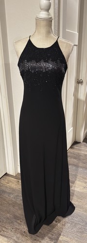 VTG Y2K Cachet Beaded Halter Maxi Dress Gown Black Formal Prom Size 8 Slip