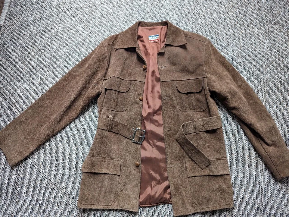 vintage NORFOLK belted SUEDE cowhide leather 40R brown WESTERN sherlock coat - Image 3 of 4