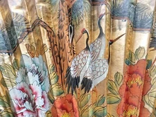 Large Oriental GOLD Leaf Folding Wall Fan Hand Painted Peony Flowers Crane Birds