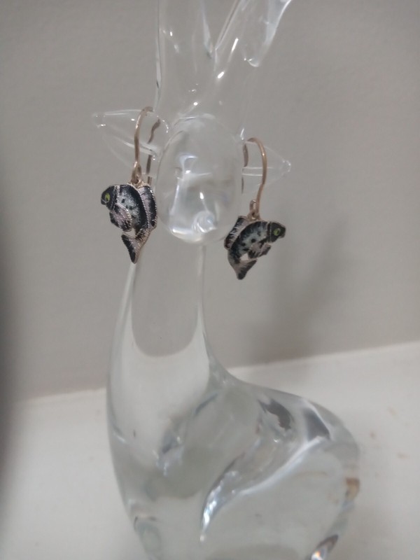 Enamel Bass Fish Dangle Earrings Sterling Detailed Super Cute !