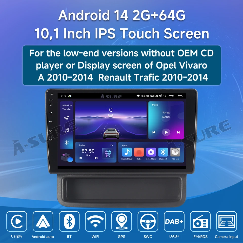 CarPlay 2+64G Android 14 Car Stereo Radio GPS FM For Vauxhall Vivaro A 2010-2014 Foto 3 de 4
