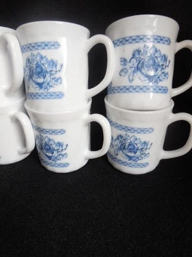8  Arcopal Honorine Coffee Tea Mugs Cups  Blue Roses White Floral France