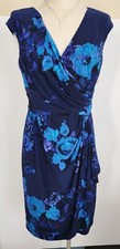 Chaps L Dress Faux Wrap V-Neck Crossover Sleeveless Ruche Draped Floral Blue Pur