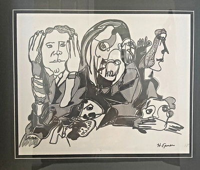 HILDA EPNER ABSTRACT '' HEAR, SPEAK, SEE NO EVIL'' ILLUSTRATION FRAMED 18'' X 16''