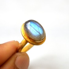Natural Blue Fire Labradorite Gemstone Silver 18K Yellow Gold Plated Ring Size 8
