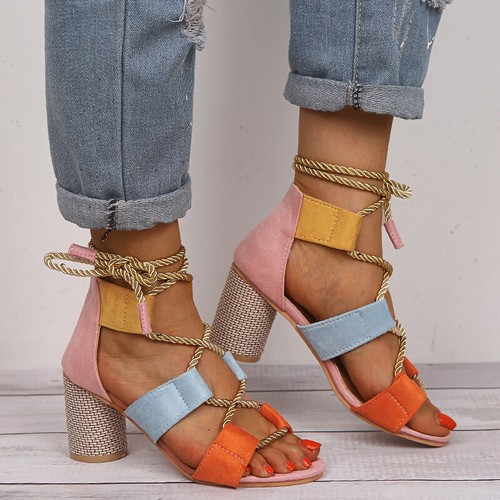 Women High Chunky Block Heel Sandals Multi Coloured Ankle Strappy Lace Up  Shoes | eBay