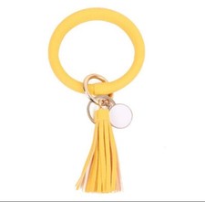 Oversized Round Shaped Tassel Wristlet Keychain Womens Leather Bracelet Key Ring