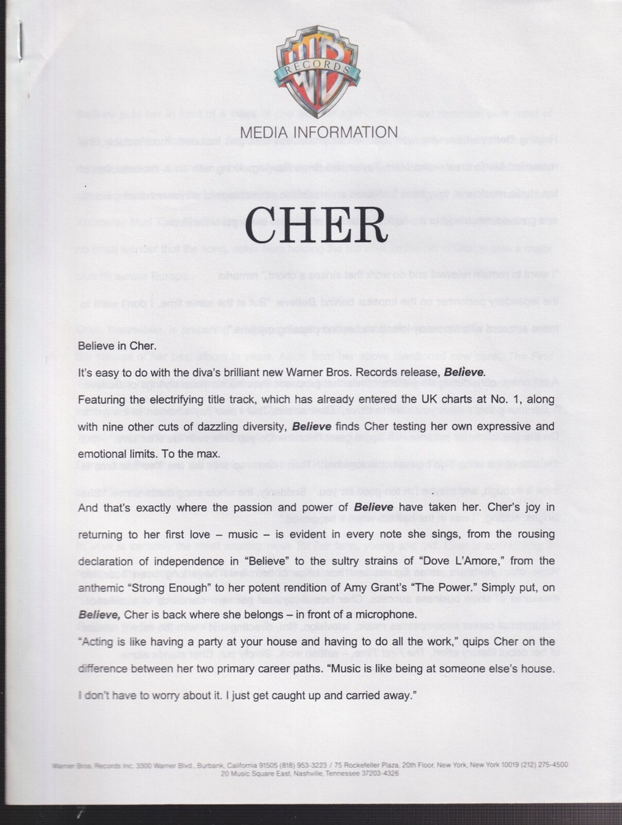 Cher believe press kit 1998 | eBay