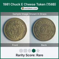1981 Chuck E Cheese Token (158B) Pizza Time Theatre Fremont, CA Brass 25mm Rare