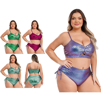 Women Plus Size Shiny Mermaid Bikini Lingerie Set Halter Bra Top