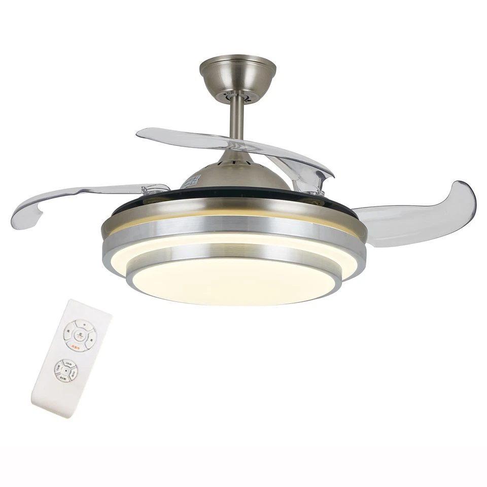 42" Retractable Ceiling Fan Lamp 3 Color LED Chandelier Light W/ Remote New - Image 3 of 4