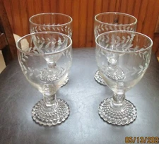 Set of 4 Bubble Foot Water/Wine Goblet Glass Crystal Leaf Etched  Anchor Hocking