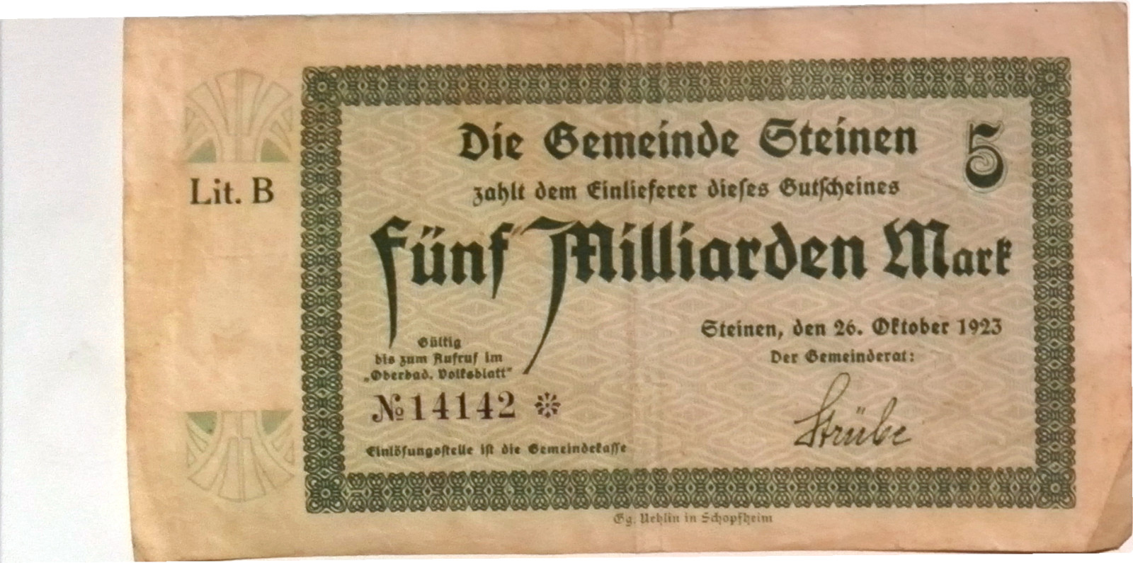 1923 Germany STEINEN 5.000.000.000 / 5 Billion Mark Banknote HYPER INFLATION