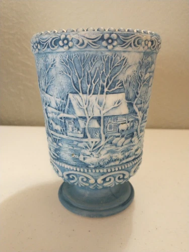 Vtg FENTON Teal Blue Currier & Ives Mill Horse Wagon Footed Vase 6.25"