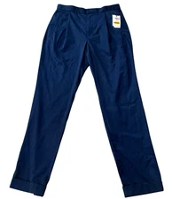Alfani Mens 32 x 32 Navy Dress Pants Solid Stretch Pleated Cuffed Slacks NWT