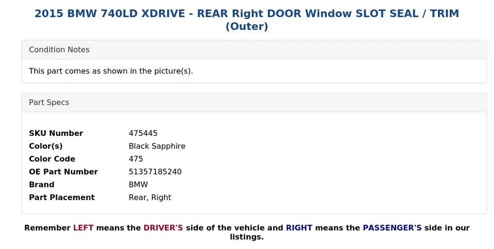 BMW 740LD XDRIVE 2015 - puerta trasera derecha ventana ranura sello/ajuste (exterior) Foto 4 de 4